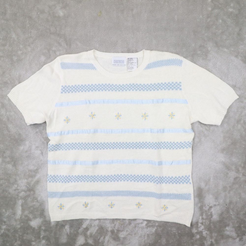 Cricket Lane Collection Vintage Womens‎ White Floral Short Sleeve Sweater Large